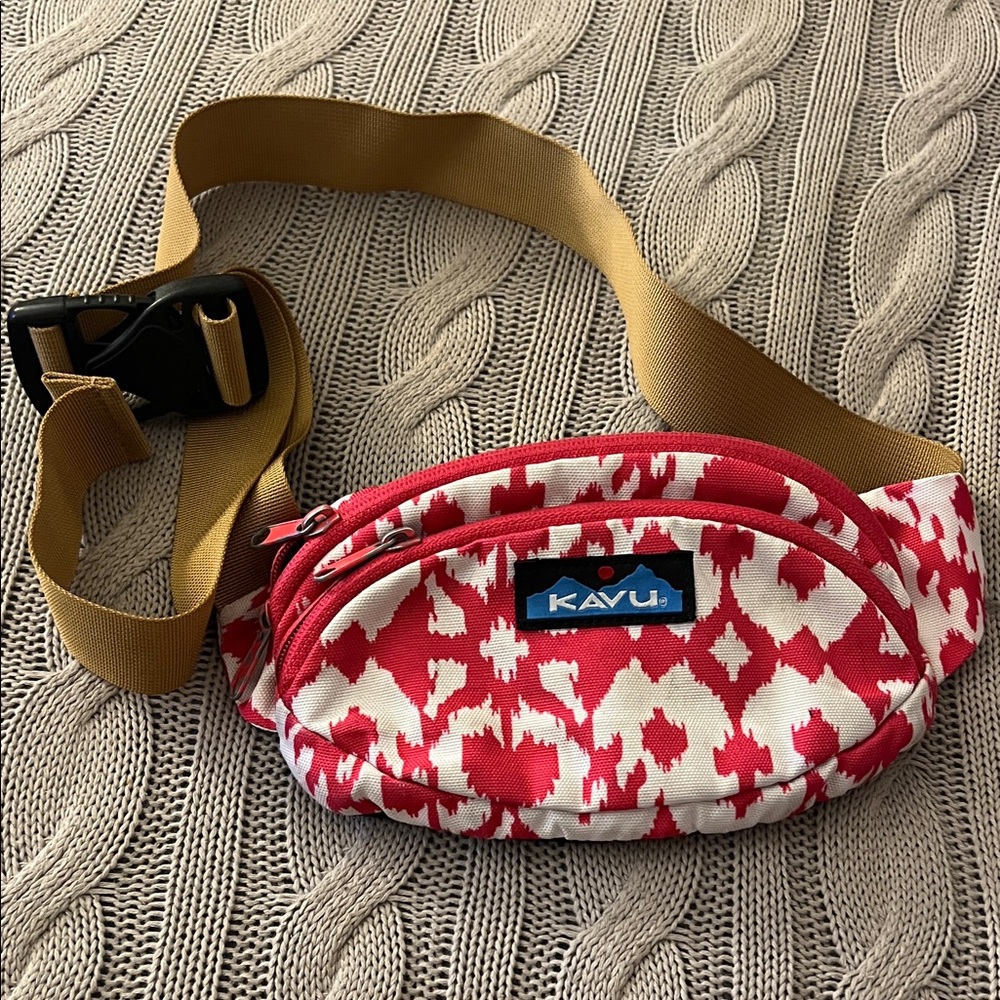 Kavu Red and White Patterned Belt Bag with Tan Strap